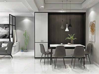 3d现代黑白灰简约客餐厅模型