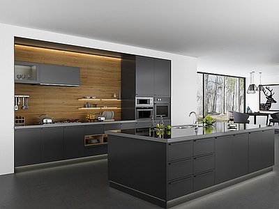 3d黑色实木橱柜厨房模型