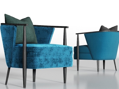 新中式实木蓝色绒布沙发模型