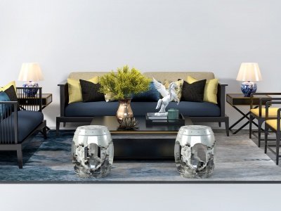 3d新中式沙发茶几摆件休闲椅模型