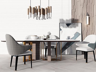 3d现代轻奢餐桌椅子吊灯组合模型