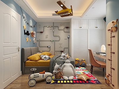 3d北欧儿童房床吊灯玩具模型