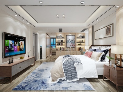 3d新中式卧室床头柜挂画模型