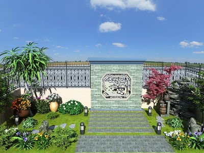 3d新中式后花园庭院景观模型