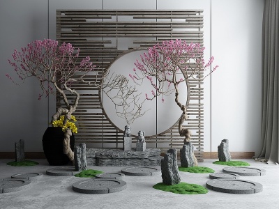 3d新中式庭院假山景观小品模型