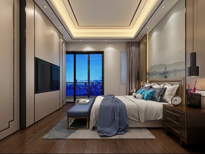 3d现代中式主卧室模型