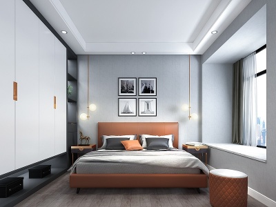 3d黑白灰卧室现代床现代衣柜模型