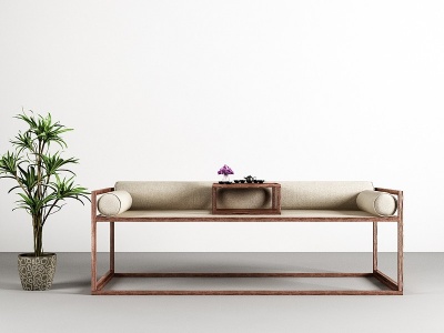 3d新中式沙发案几绿植模型