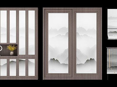 3d新中式衣柜装饰窗帘组合模型