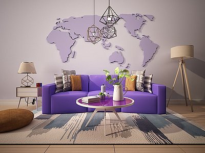 3d紫色沙发茶几装饰画组合模型