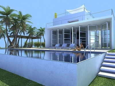 3d国外别墅游泳池模型