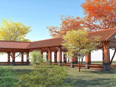 3d新中式休闲长廊园林景观模型