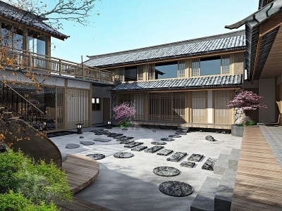 日式客栈庭院休息区楼梯模型