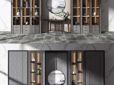 3d新中式装饰柜书柜组合模型
