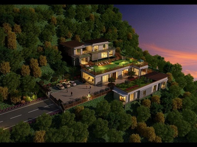 现代山体外景园林绿化酒店模型