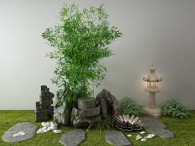 3d新中式景观小品竹子石磨模型