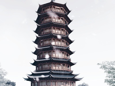中式塔古建筑塔楼模型