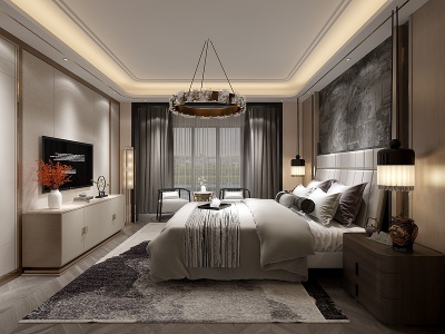 3d新中式轻奢客餐厅卧室模型