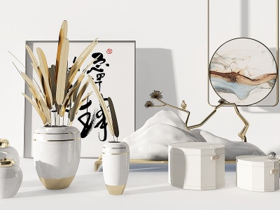 3d新中式花瓶挂画摆件组合模型