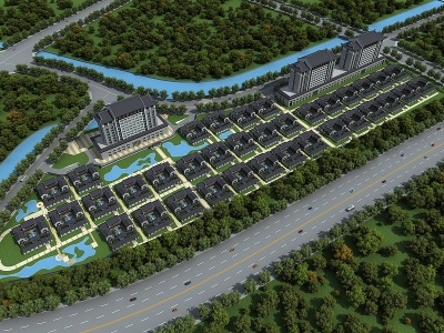 3d中式住宅区鸟瞰模型