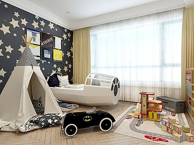 3d现代儿童房床帐篷太空船模型