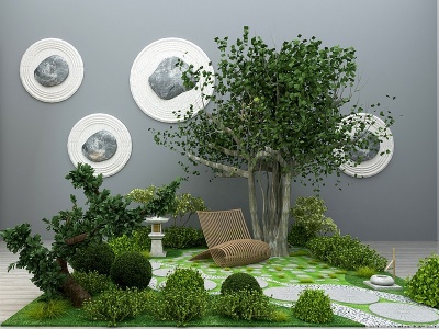 3d新中式绿植园林小品模型