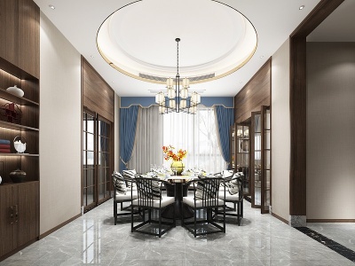 3d新中式别墅客厅餐厅模型