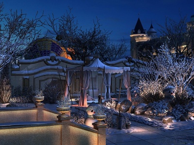 现代夜景温泉庭院模型