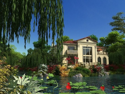 3d现代别墅水景模型
