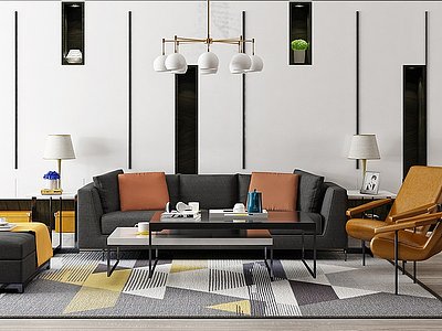 3d现代沙发茶几吊灯组合模型
