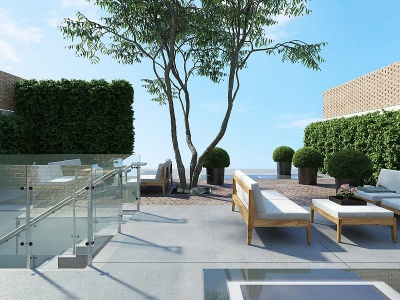 3d现代中庭庭院花园绿植模型