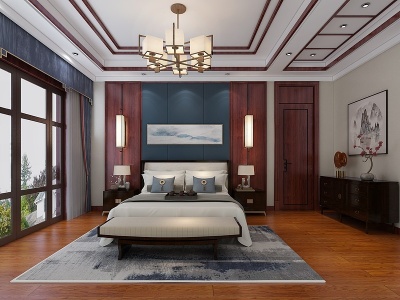 新中式卧室床挂画模型3d模型