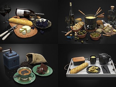 现代食品食物组合面包蛋糕模型3d模型