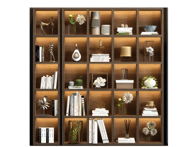 3d新中式实木书柜书籍饰品模型