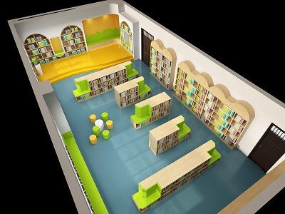 3d学校图书馆书柜座椅黑板墙模型