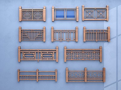 中式木质栏杆围栏栅栏模型3d模型