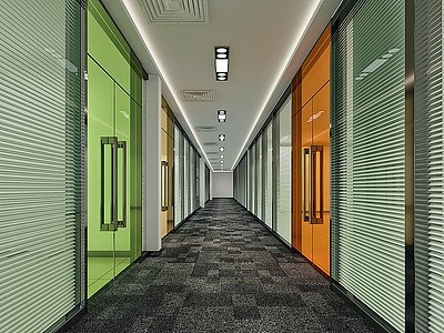 3d现代简约走廊过道彩色玻璃模型
