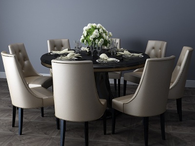 3d美式餐桌餐桌椅圆桌模型