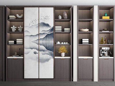 3d新中式书柜置物柜模型