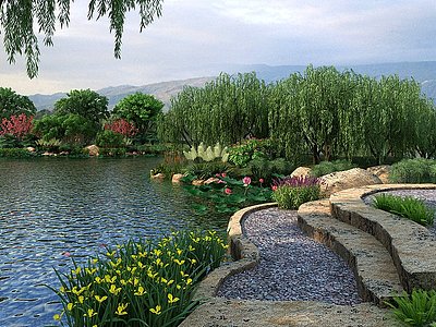 现代湖泊湿地公园模型
