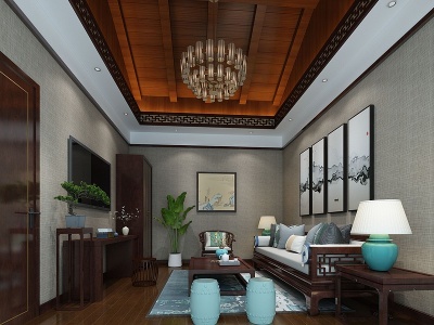 3d新中式客房客厅模型