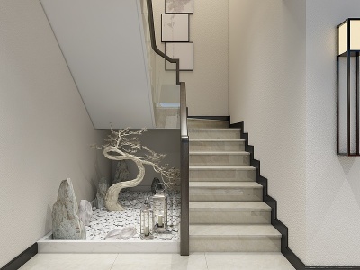 3d新中式楼梯小景模型