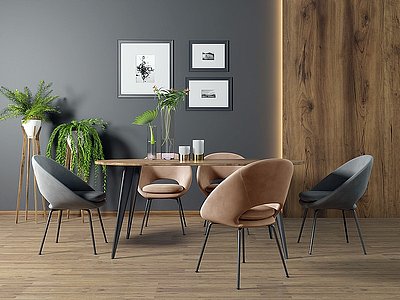 3d北欧餐桌椅绿植盆栽组合模型