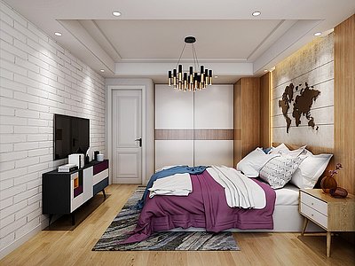 卧室双人床床头柜凳子衣柜模型3d模型