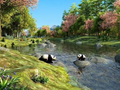 溪边树林大熊猫小河森林模型