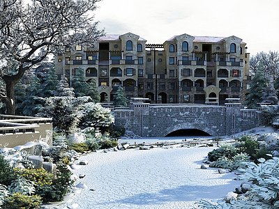 现代住宅雪景园林景观模型3d模型
