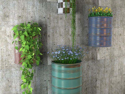 3d工业风油漆桶植物装饰墙饰模型