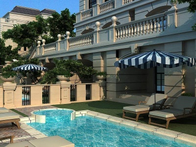 3d欧式豪华独栋别墅庭院泳池模型