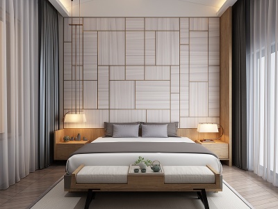 3d新中式卧室床床尾凳模型
