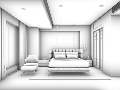 3d卧室双人床床头柜凳子衣柜模型